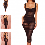Colorful Black Sheer Mesh Bodycon Dress Solid Color Ultra Cheap