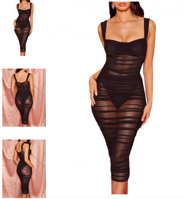 Colorful Black Sheer Mesh Bodycon Dress Solid Color Ultra Cheap